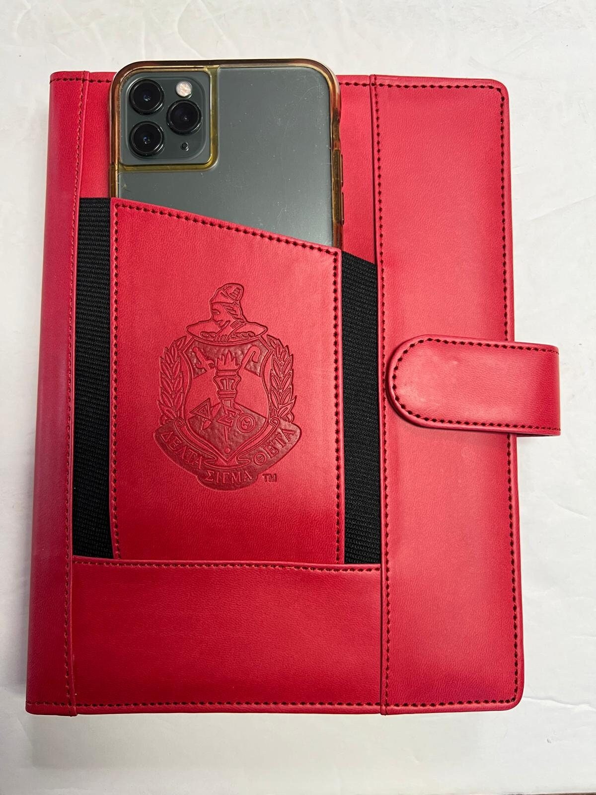 Delta Sigma Theta (ΔΣΘ) Sorority Artificial Leather Planner with calendar- organizational shield print on front Red Color 2025