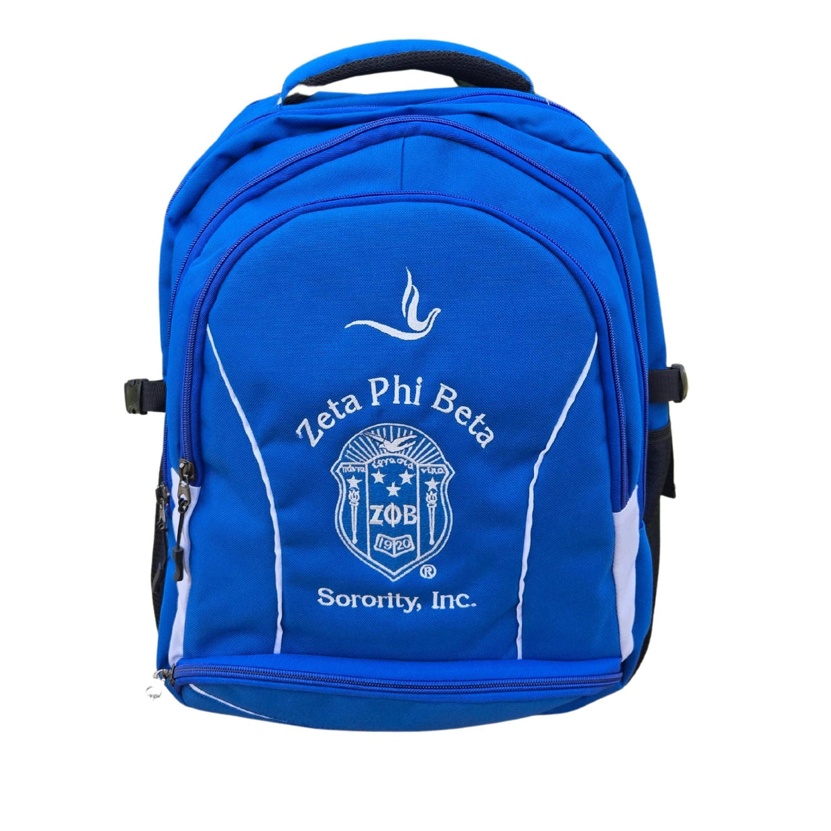 Zeta Phi Beta (ΖΦΒ) Blue & White Stylish, Polyester Fabric Coated College Backpack with laptop sleeves For Sorority Women, Made in India.