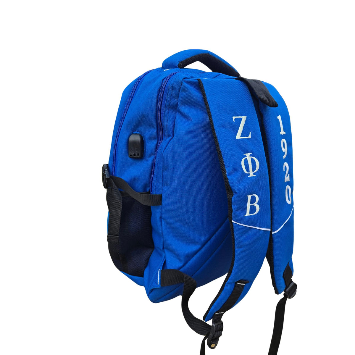 Zeta Phi Beta (ΖΦΒ) Blue & White Stylish, Polyester Fabric Coated College Backpack with laptop sleeves For Sorority Women, Made in India.