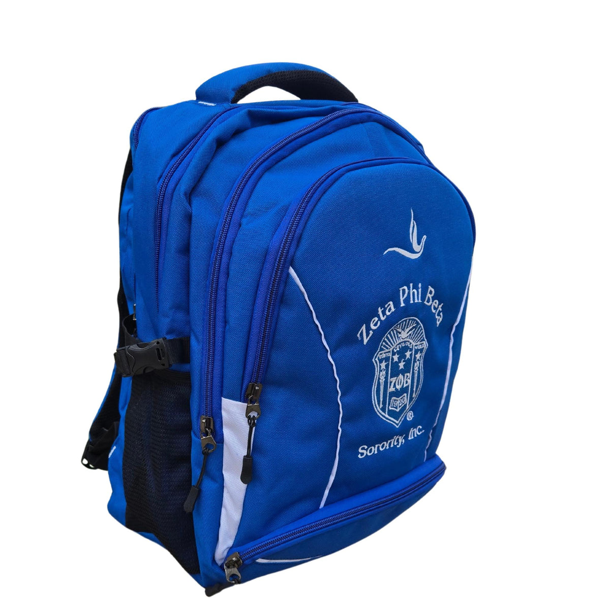 Zeta Phi Beta (ΖΦΒ) Blue & White Stylish, Polyester Fabric Coated College Backpack with laptop sleeves For Sorority Women, Made in India.