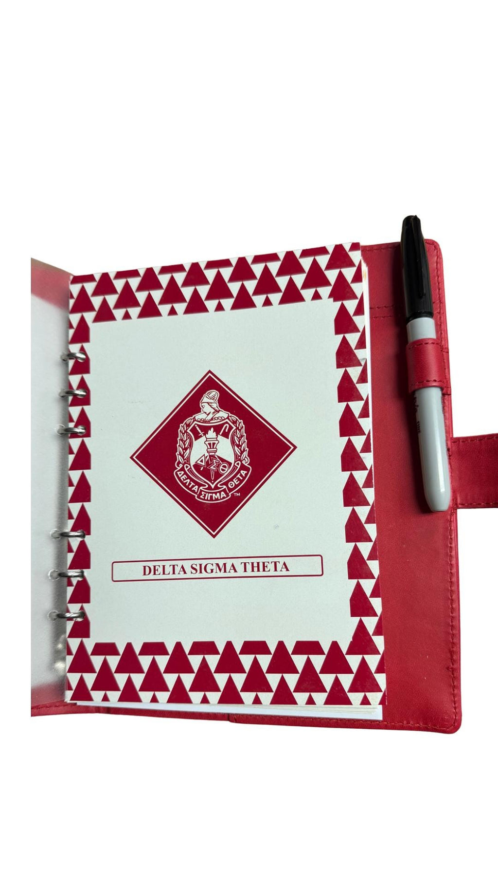 Delta Sigma Theta (ΔΣΘ) Sorority Artificial Leather Planner with calendar- organizational shield print on front Red Color 2025