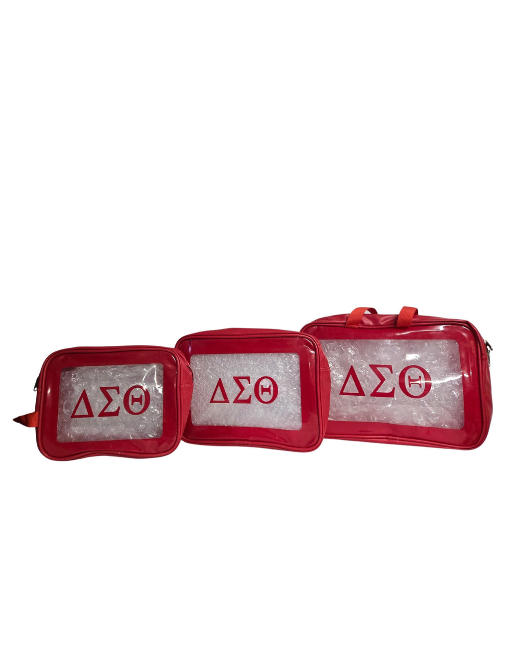 Delta Sigma Theta (DST) Red Cosmetic Bag Set Transparent Makeup Organizer Travel Kit Polyester PVC Coated 3 Piece Set
