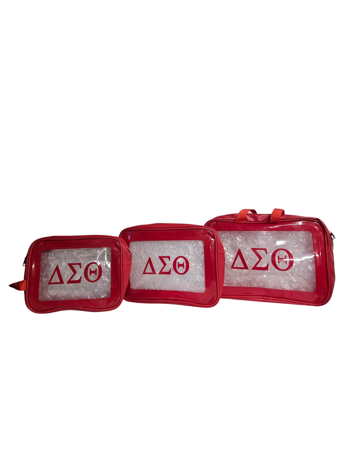 Delta Sigma Theta (DST) Red Cosmetic Bag Set Transparent Makeup Organizer Travel Kit Polyester PVC Coated 3 Piece Set