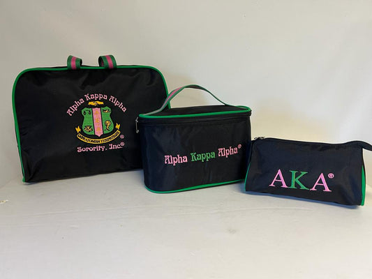 Alpha Kappa Alpha (AKA) Black & Pink  Cosmetic Bag Set Makeup Organizer Travel Kit Polyester PVC Coated 3 Piece Set, Made in India.
