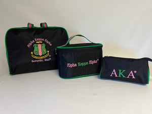 Alpha Kappa Alpha (AKA) Black & Pink  Cosmetic Bag Set Makeup Organizer Travel Kit Polyester PVC Coated 3 Piece Set, Made in India.