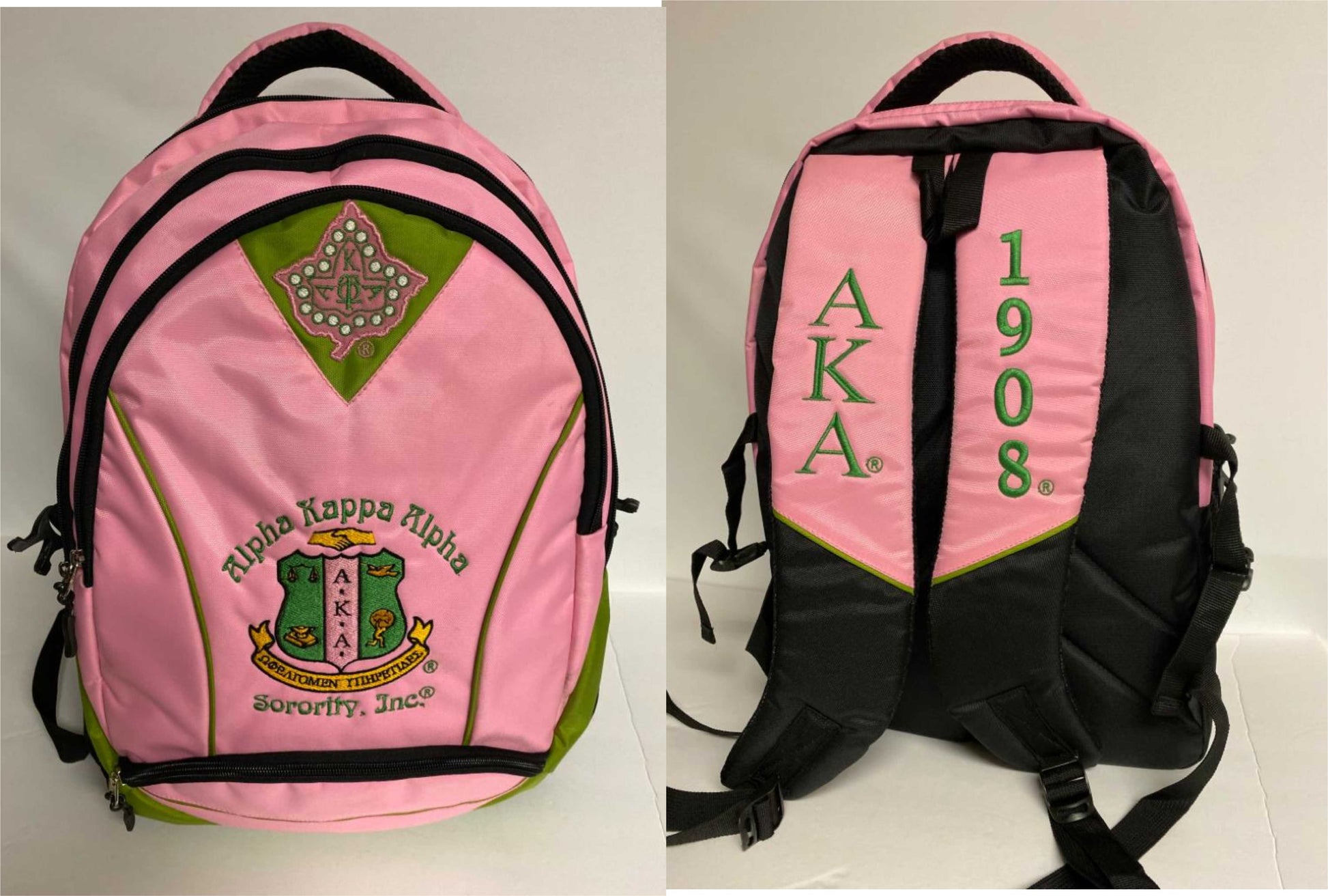 backpack laptop green pink COLLEGE BAG- ALPHA KAPPA ALPHA BACKPACK BAG- pink & green