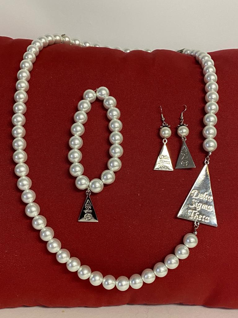 Sorority White pearls with silver triangle set