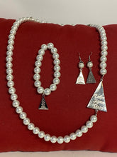 Load image into Gallery viewer, Sorority White pearls with silver triangle set
